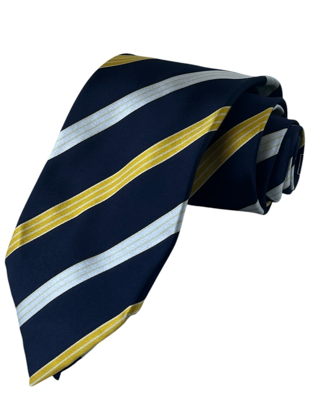 Burberry London Deep Navy Blue Almost Black Yellow Striped Silk Tie